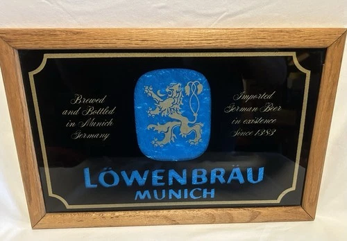 Vintage Lowenbrau Munich Glass/Foil Wood Framed Beer Sign 17.5” X 11.5” Nice!