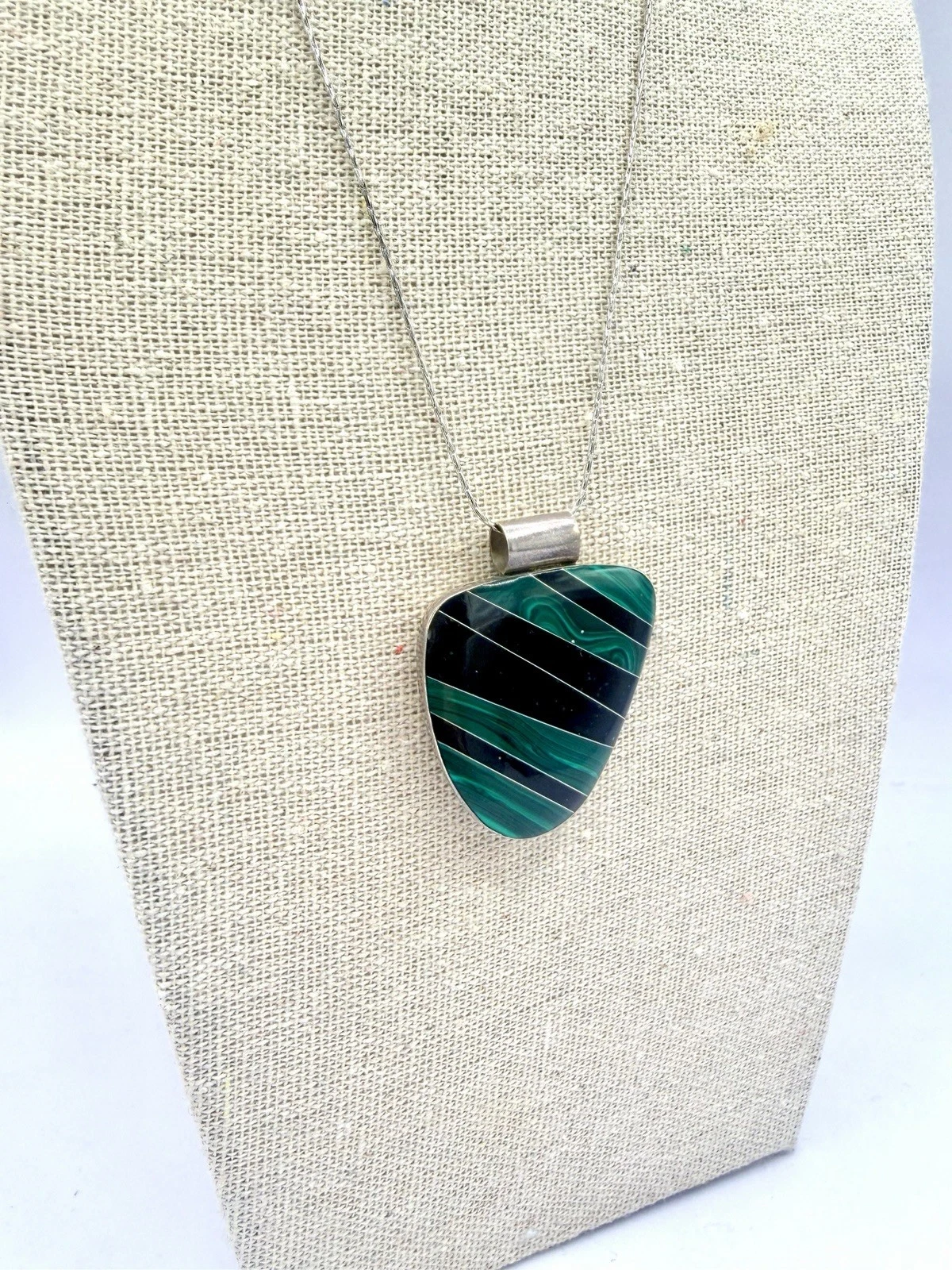 Sterling Silver Malachite Onyx Inlay Pendant Necklace Mexico 925 17 in HS - product detail image 6