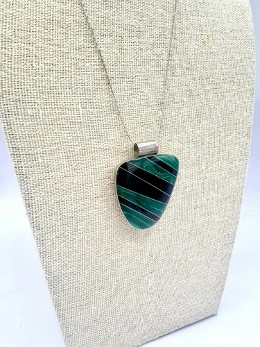 Sterling Silver Malachite Onyx Inlay Pendant Necklace Mexico 925 17 in HS image 6