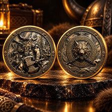 Nordischer Wikinger Krieger Odin Gothic Wolf Sammler M&uuml;nze Beidseitig Bedruckt !