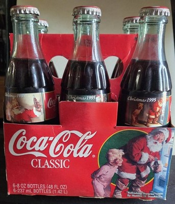 1995 Coca-Cola Christmas Glass Bottles 6 Pack with Original Carrier (Some Wear)