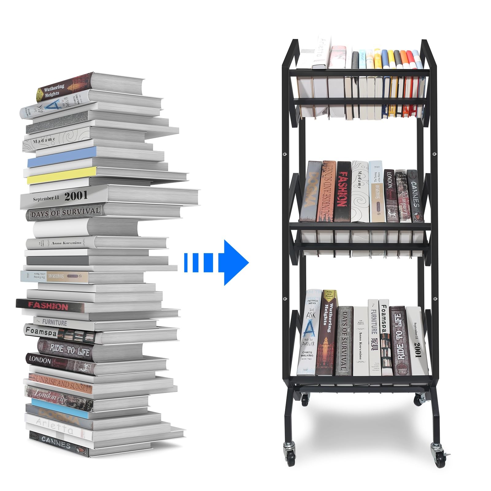 360°Rotation Wheels 3-Tier Metal Book Carts Used for Study Rooms Living