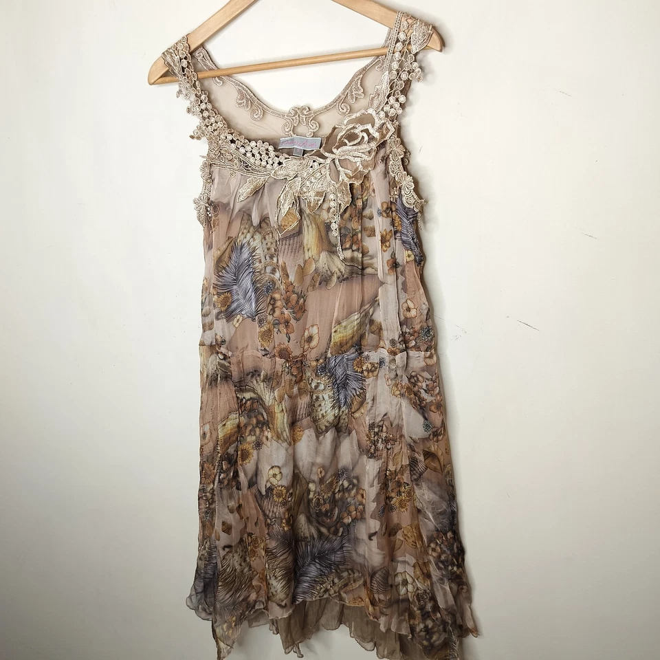 Vestido Floral Pretty Angel Seda Borde Crochet Pequeño Arruga Terroso Boho Romántico Foto 4 de 4