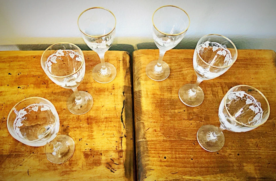 "Juego de 6 copas de vino Noritake cristal homenaje dorado borde dorado vid 7,5""" Foto 2 de 4