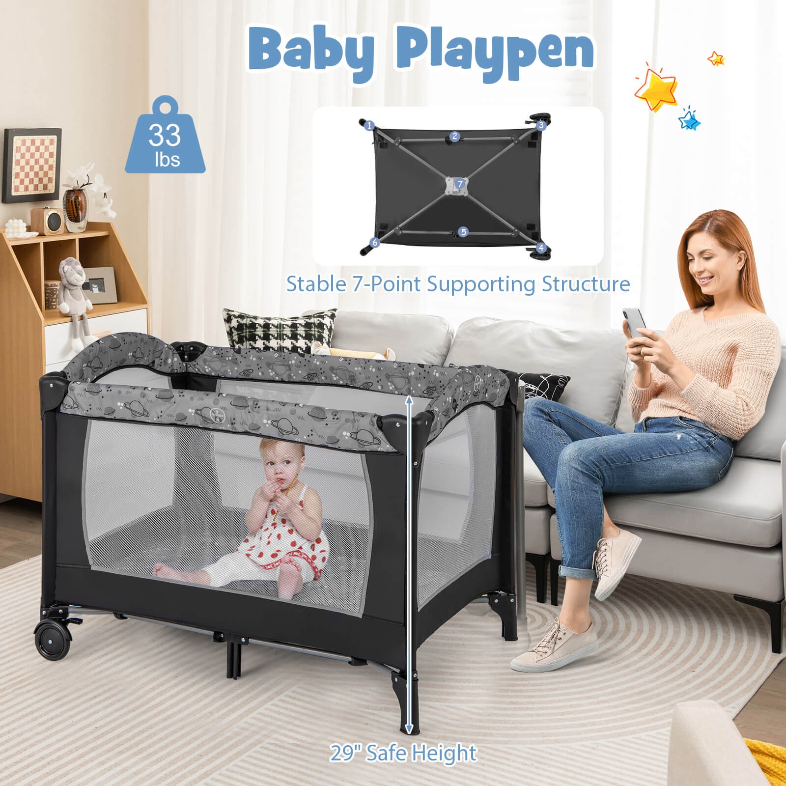 3-in-1 Baby Bassinet Portable Pack and Play w/ Removable Changing Table Mattress