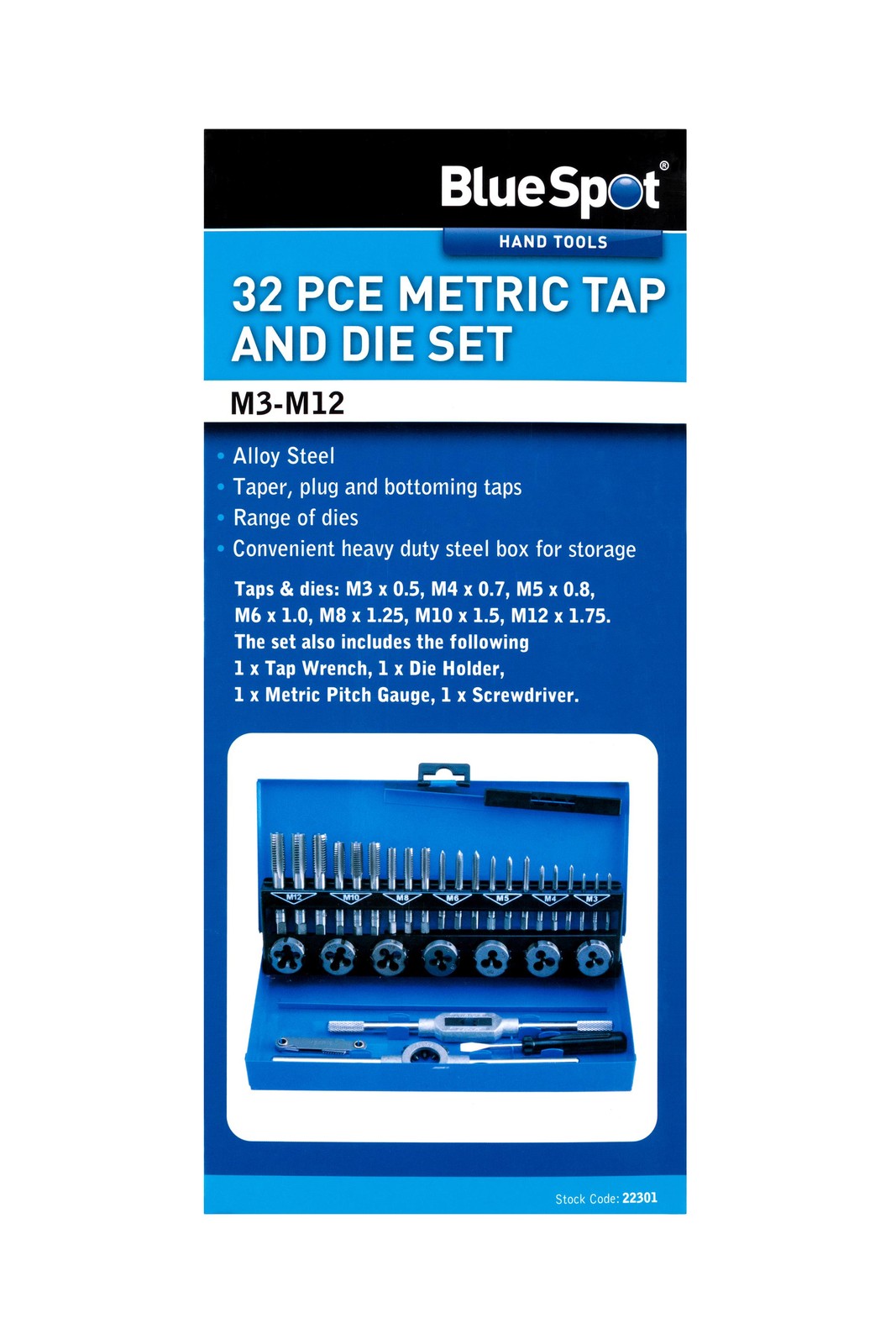 Blue Spot 22301 32 Piece Metric Tap and Die Set (M3-M12)