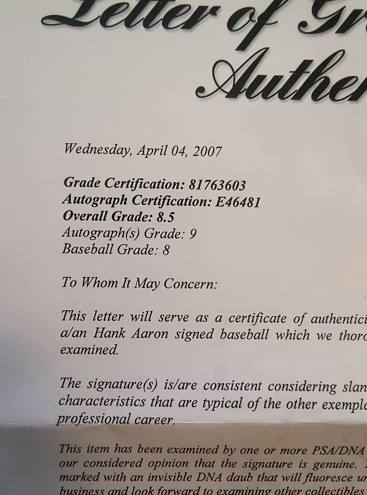 PSA DNA Hank Aaron autographed baseball SSB - Sweet Spot NM - MT 8.5 view 3