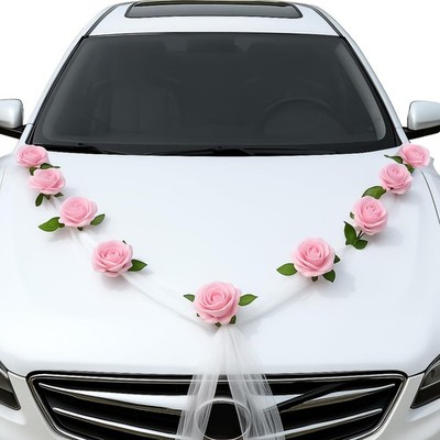Wedding Car Decorations Pink Artificial Flowers Rose Bouquet Ribbon Set Decor