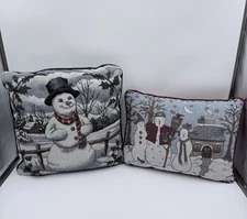 VTG Christmas Tapestry Throw Pillow Set Snowman Winter Scene 15-16” Home Decor