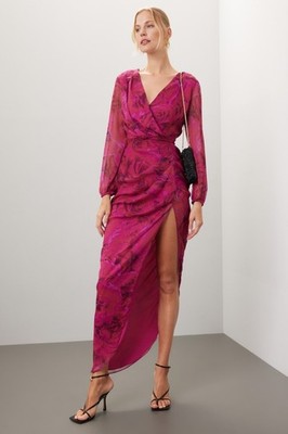 Amanda Uprichard Roseberry Pink Floral Roma Maxi Dress High Slit Long Sleeve M