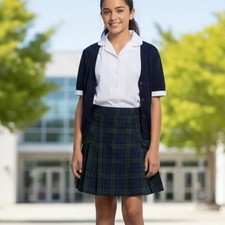 Lands End School Uniform Girls 12 Side Pleat Plaid Skort Above Knee Navy/ Green