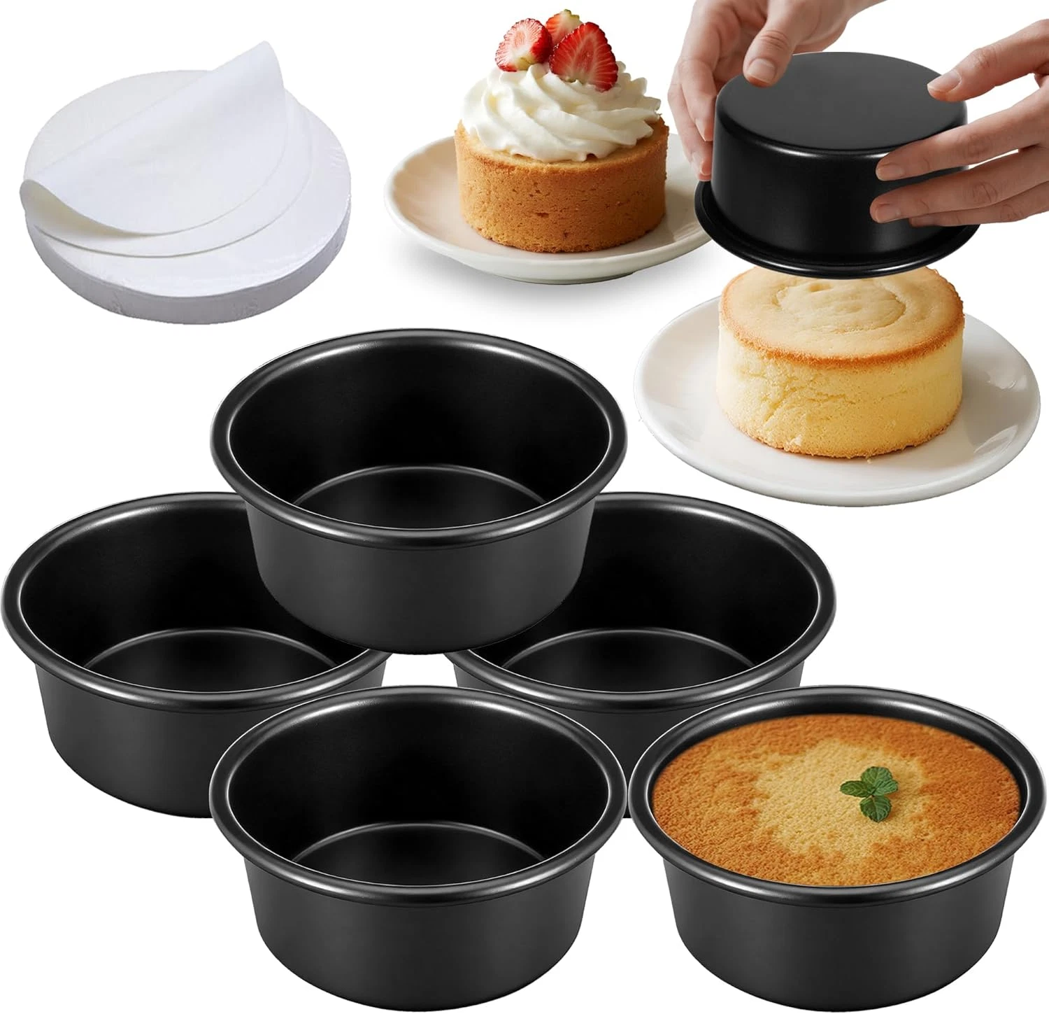 4 Inch Cake Pan Set of 5, Nonstick Cheesecake round Cake Pans with 100 Pieces Pa
