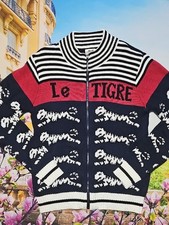 Le Tigre Navy Red and White Zip-Up Knit Sweater with Tiger Motif Large New