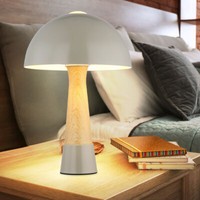 Tischlampe Pilz Nachttischlampe Retro Tischleuchte Beistelllampe Grau Holzoptik