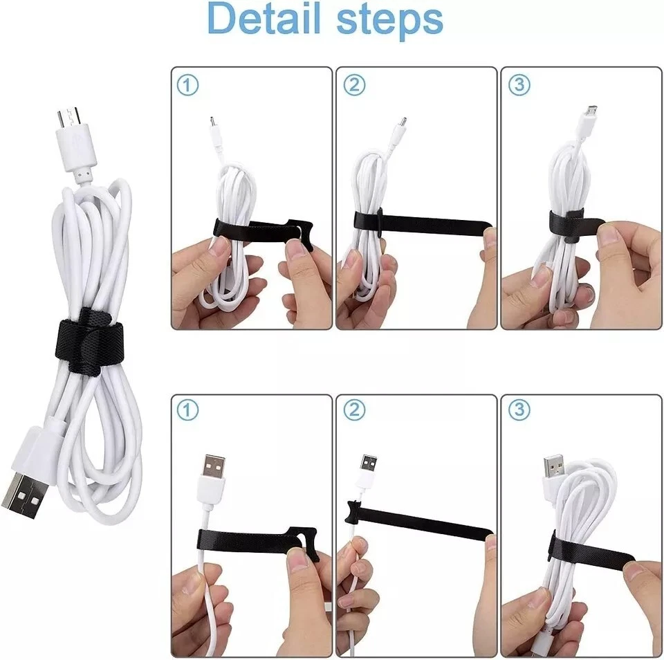 50Pcs Cable Straps Black Wire Cord Hook Loop Ties Reusable Fastening Organizer - Image 3 of 4