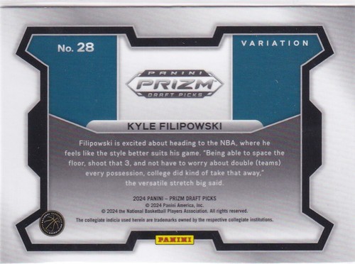 2024 Panini Prizm Draft Picks No. 28 Kyle Filipowski Rookie Variation - Picture 2 of 2