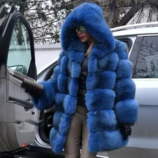 Fashion Women Full Pelt Natural Real Fox Fur Coat Hooded Jacket Thick Overcoat 