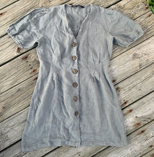 Zara Dress Womens Medium Button Up Puffy Sleeve V Neck