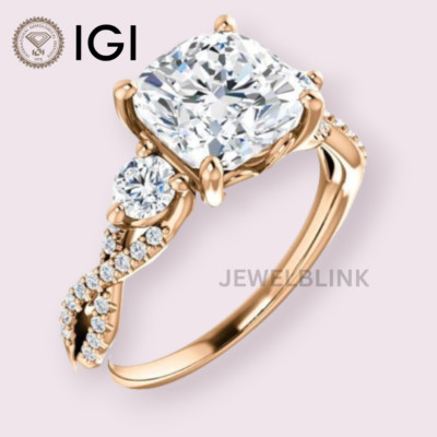 3Carat Cushion Lab Grown Diamond Engagement Christmas Gift Ring in 14K Rose Gold