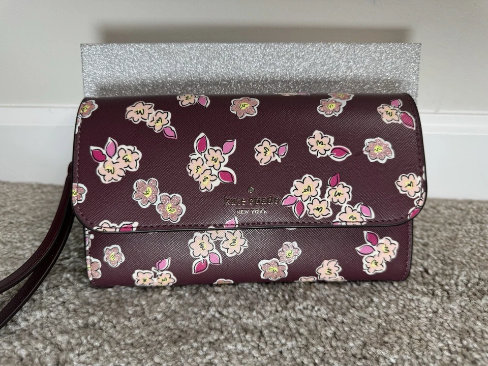 NUEVO CON ETIQUETAS KATE SPADE Oropel de Bayas Profundas Brillo Esmerilado Floral Regalo Cartera Larga en Caja Foto 2 de 4