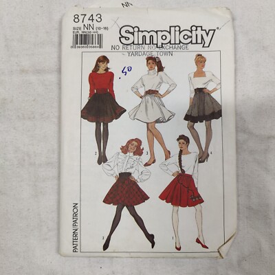 1988 Simplicity Sewing Pattern 8743 Circle Skirt Adult Womens Size