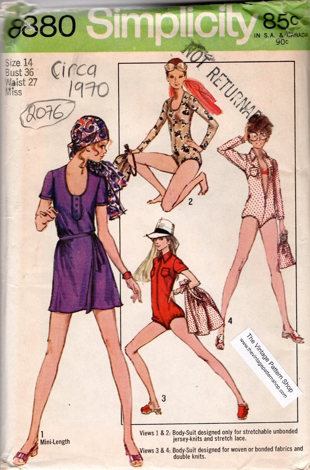 1970 Vintage Sewing Pattern B36in Body Suits Mini Skirt & Bag (2076R) Simp 8380