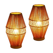 Boho Rattan Table Lamps, Handmade Woven Bedside Lamp, Small Desktop Nightstan...