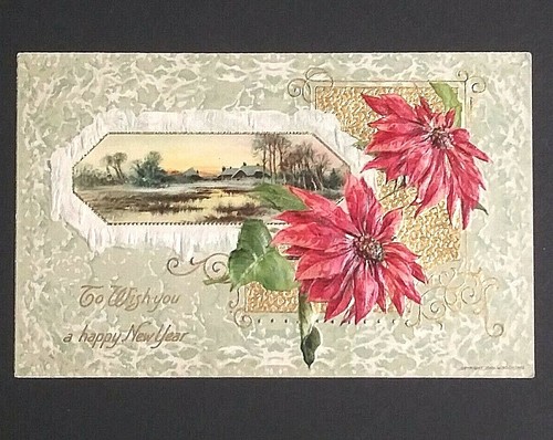 Wish You A Happy New Year Poinsettias Gold Embossed Floral Winsch Postcard 1910
