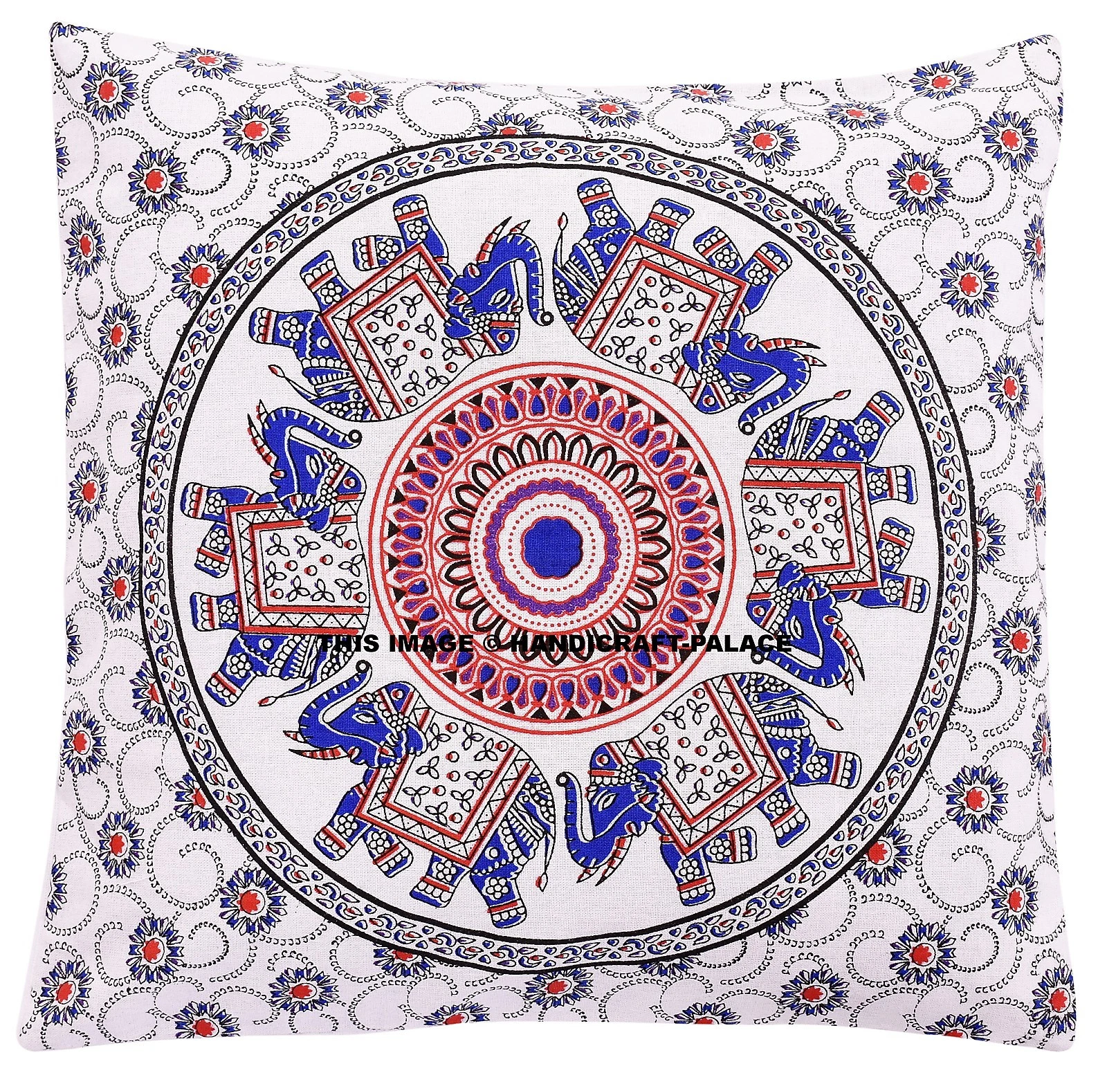 16" Elephant Mandala White Cushion Cover Cotton Indien Pillow Sofa Throw Decor
