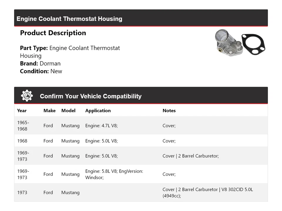 Carcasa termostato refrigerante motor Ford Mustang Dorman 1965-1973 1966 1967 Foto 2 de 4