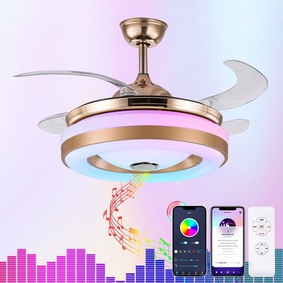 42''Retractable Ceiling Fan Light Bluetooth Speaker RGB Color Changing Chandelier