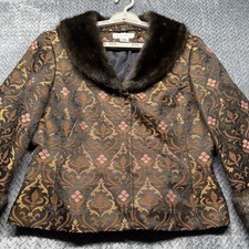 Nine West Y2K Brocade Jacket Women’s 10 Brown Gold Black Faux Fur Trim Metallic
