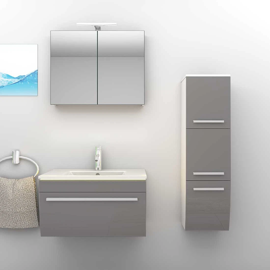 Badmöbel Set Gently 3 V2-R Weiß/Grau Badezimmermöbel Badspiegel Waschtisch 70 cm