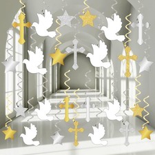 60 Pcs First Communion Hanging Swirls God Bless Baptism Decorations Gold an