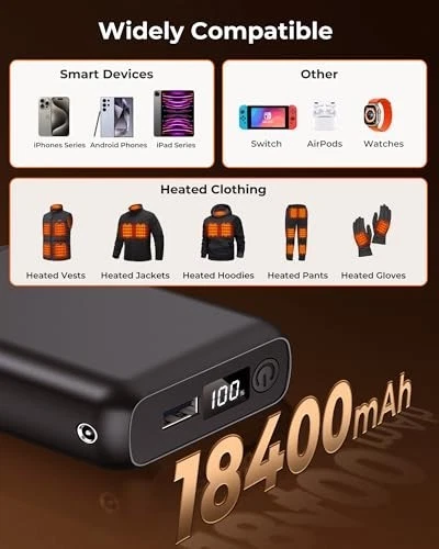 Heated Vest Battery Pack 18400mAh 5V/7.4V Rechargeable Power Bank with LED Indic image 5
