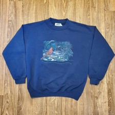 Vtg 90s Cardinal Bird Sweatshirt Women Medium Blue Winter Northern Reflections