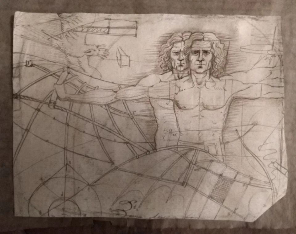 Hombre y mecanismo de Vitruvio Códice Leonardo da Vinci ORIGINAL dibujo a tinta Foto 2 de 4