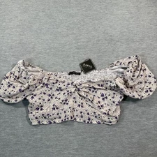 Zaful Top Women XL White Purple Floral Off Shoulder Puff Sleeve Crop Top NEW