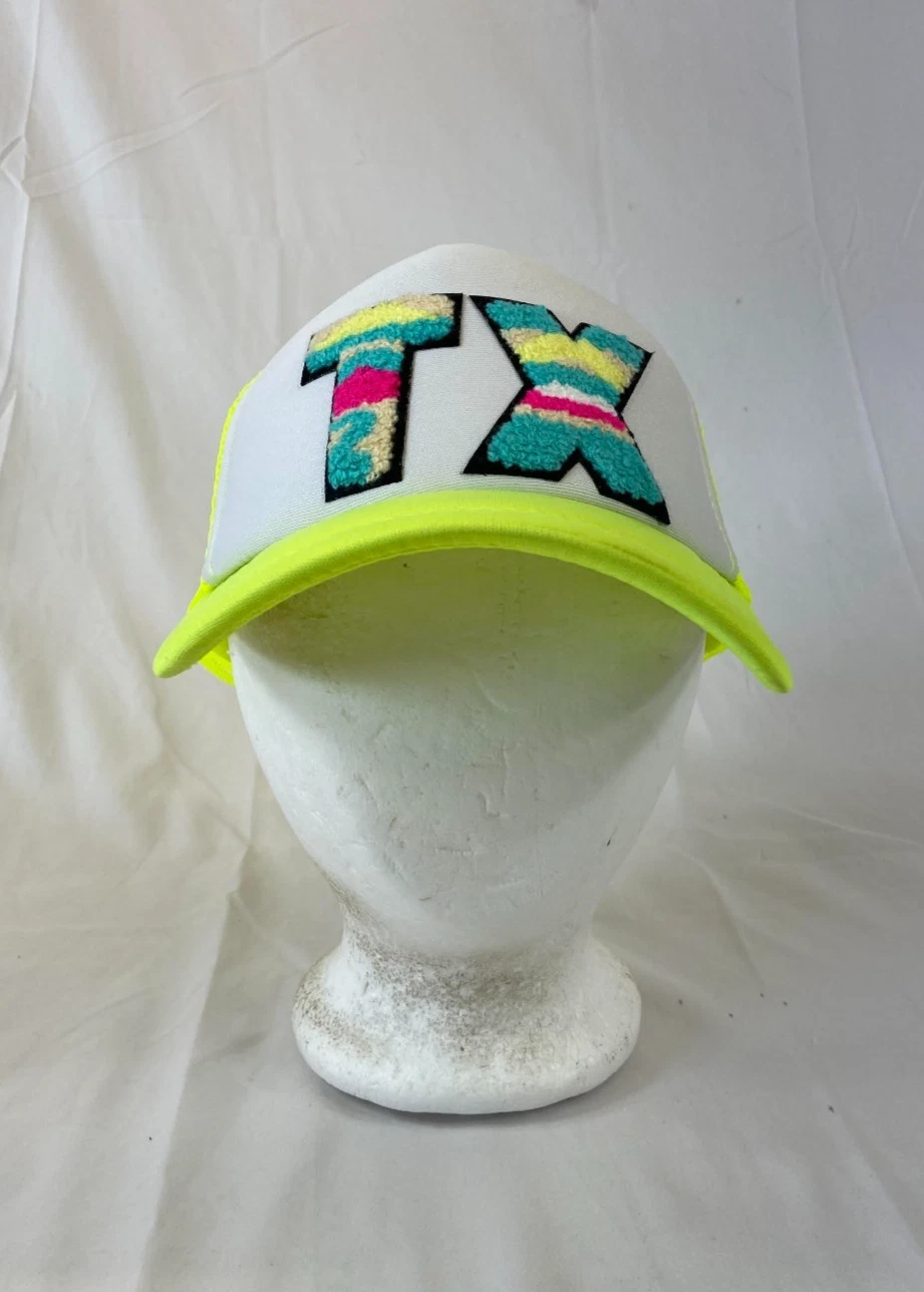 Texas Trucker Cap Snapback Hat Mesh Back Neon Yellow Multicolor Fuzzy Patch