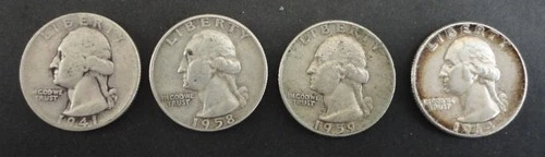 1941S 1958D 1959D 1964 Washington Quarters 90% Silver Good Condition