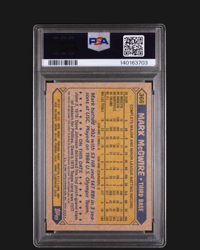 1987 Topps #366 Mark Mcgwire Rookie Card PSA MINT 9 view 2