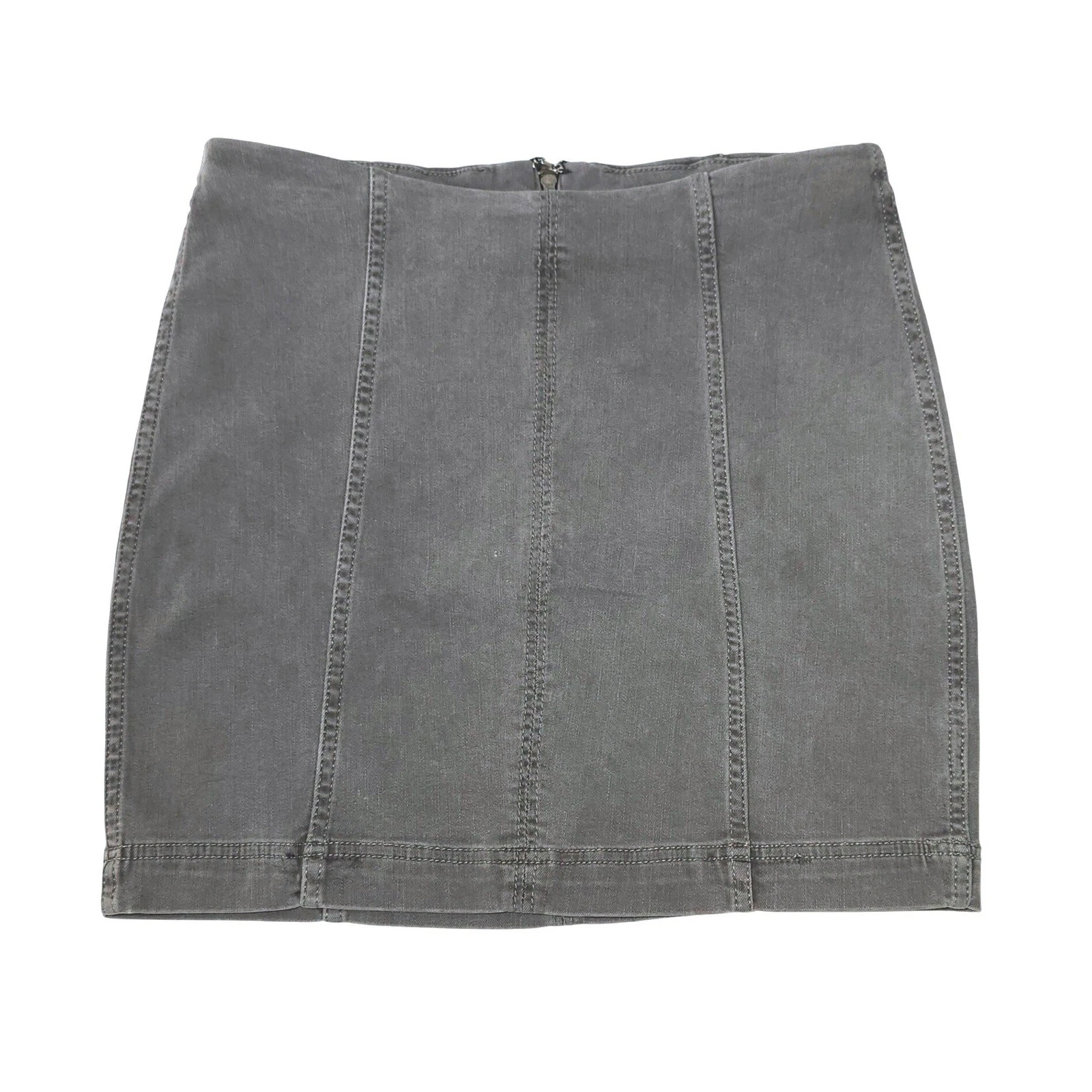 Free People Modern Femme Gray Denim Mini Skirt Size 10 Back Zip Stretch Seamed