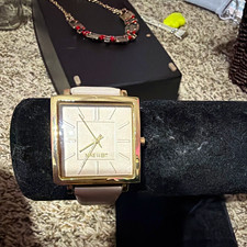 Nine West Women's Square Gold-Tone Case Pink Dial Faux Leather Strap Quartz