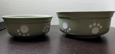Ceramic Pet Food  Water Bowls Set Paw Prints Sage Green  White For Small Pets