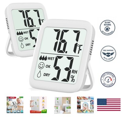 LCD Indoor Thermometer & Hygrometer Set - 2 Pack with Versatile Mounting Options