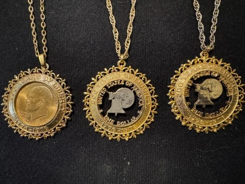 Vintage Costume Jewelry lot of 3 necklaces / chains  with coin style pendant