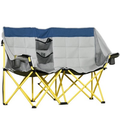 Double Seat Camping Chair Folding Loveseat w/ Carry Bag Navy Blue