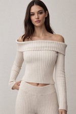 Elegant Off Shoulder Ribbed Sweater New L