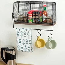 Wall-Mounted Chicken Wire Kitchen Organizer Basket Shelf w/ Towel Bar & S-Hooks