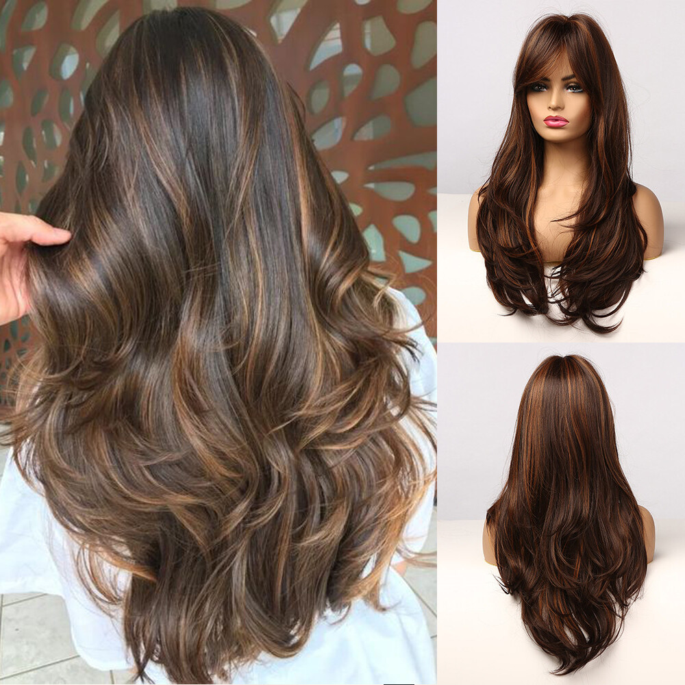 Brown Mixed Blonde Highlights Wigs Long Wavy Women Synthetic Hair Wig with  Bangs